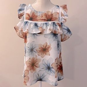 ENTRO woman’s floral ruffle trim, cold shoulder top / blouse loose fit size S